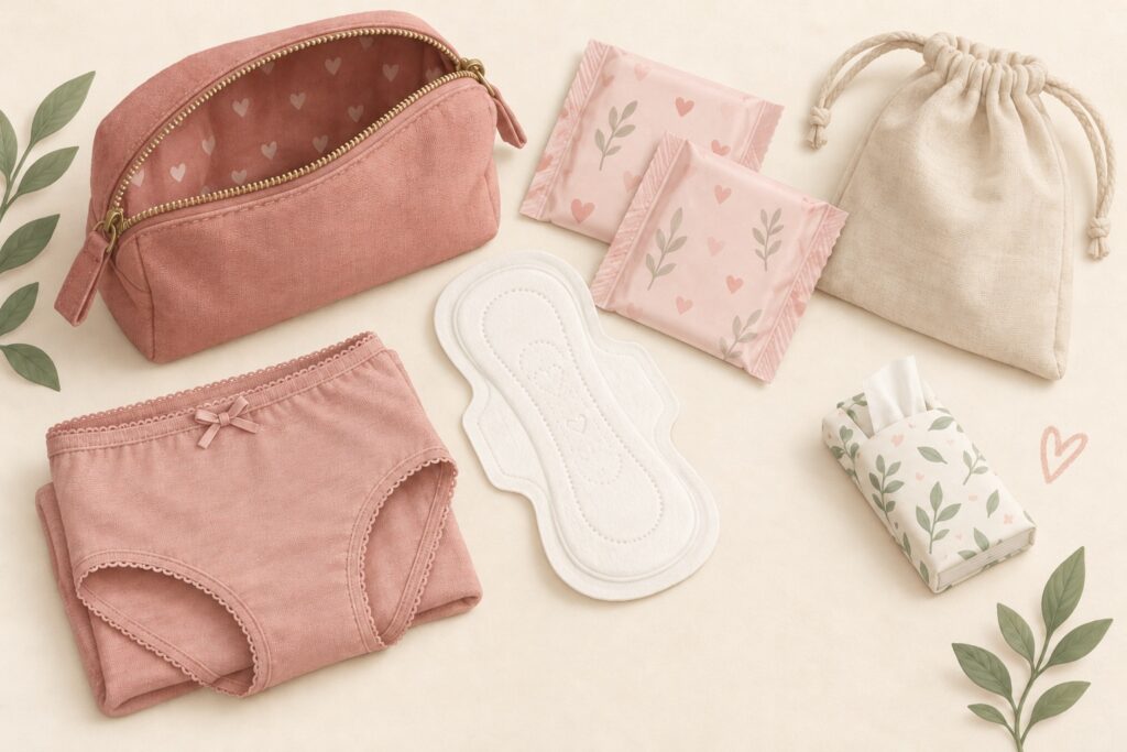 Prva menstruacija: torbica, vložki, rezervno perilo, vrečka in robčki.
