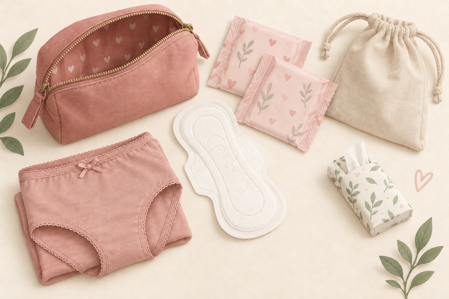 Prva menstruacija: torbica, vložki, rezervno perilo, vrečka in robčki.